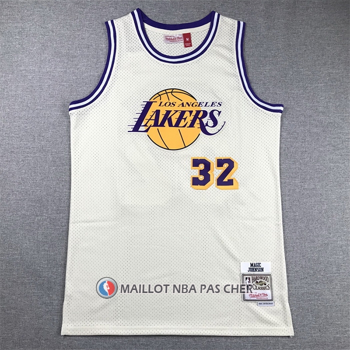 Maillot Los Angeles Lakers Magic Johnson NO 32 Mitchell & Ness Chainstitch Creme